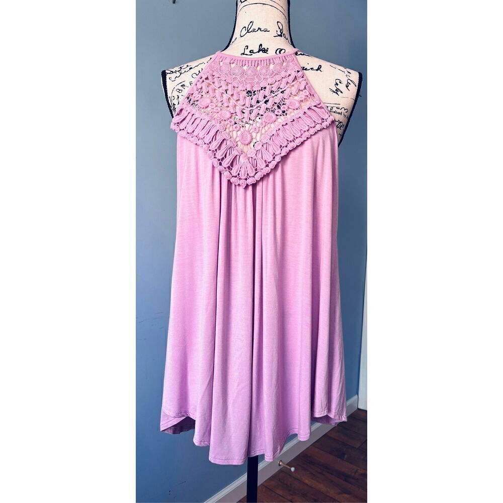 CY Fashion Women’s Large Crochet High Neck Pink Asymmetrical Sleeveless Top